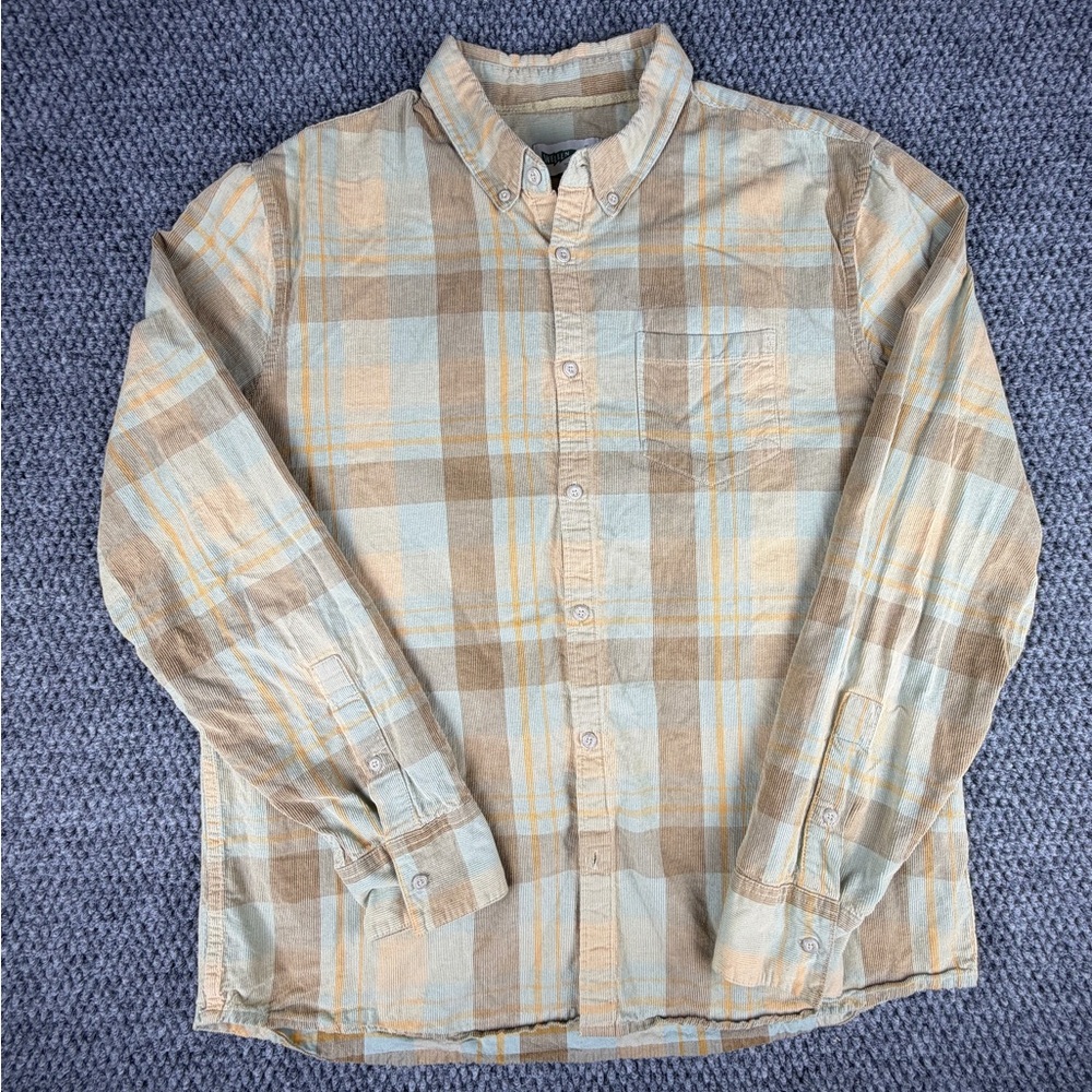 Wellen Men's Cotton Corduroy Plaid Beige Blue Yellow Long Sleeve Button-Up Shirt